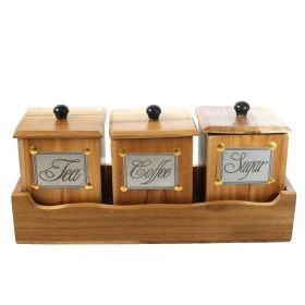 WILLART Handcrafted Teak Wood Antique Look Tea Coffee Sugar 3 Container Set in Wooden Tray â€“ Container with Lids (Dimension : 13.50 x 5.50 x 6 Inch)