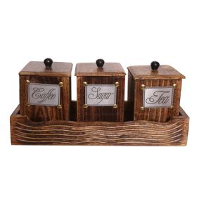 WILLART Handcrafted Wooden Antique Look Tea Coffee Sugar 3 Large Container Set in Wooden Tray â€“ Container Canister