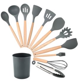Wooden handle spatula; special for non stick pan; silica gel spatula; cooking shovel; household harmless pan; kitchen utensils; spatula set; tablespoo (size: 12 piece set (including storage barrel))