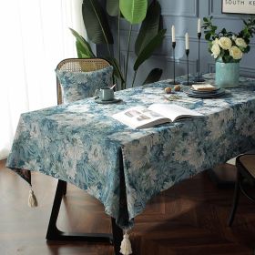 Cloth father tablecloth tablecloth ins cotton linen tablecloth tassel rectangular tablecloth table mat tea table cover cloth wholesale (colour: Curled four corner tassels+blue oil painting, size: Cloth/roll)