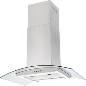 36 inch Stainless Steel Island Mount Range Hood 900CFM Tempered Glass w/LED Lights (Color: Silver - Mechanical Control)