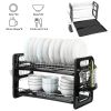 2 Tier Dish Drying Rack Drainboard Set Anti-Rust Dish Drainer Shelf Tableware Holder Cup Holder For Kitchen Counter Storage